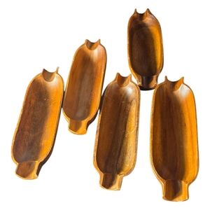 Vintage Monkey Pod Corn On Cob Wooden Serveware Set Of 5.